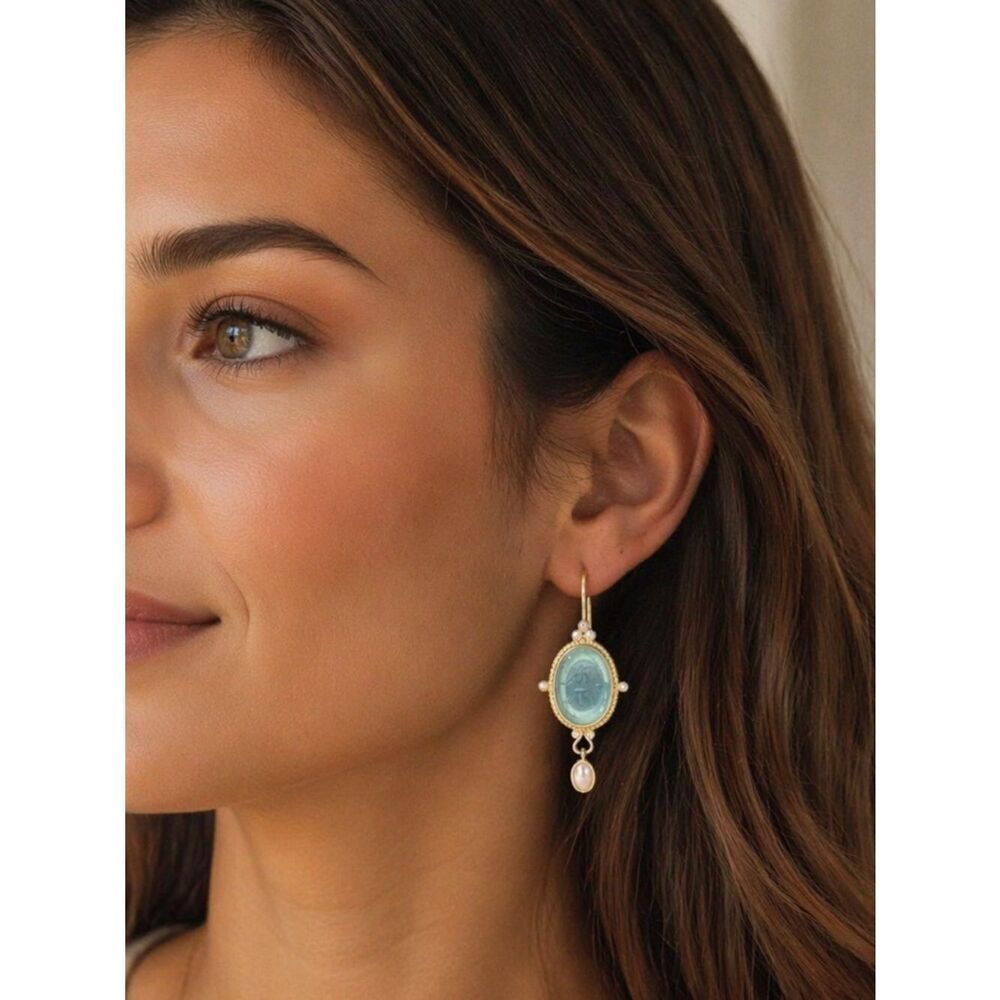 Gold Drop Earrings with Light Blue Cameo and Pearl Accent R 552